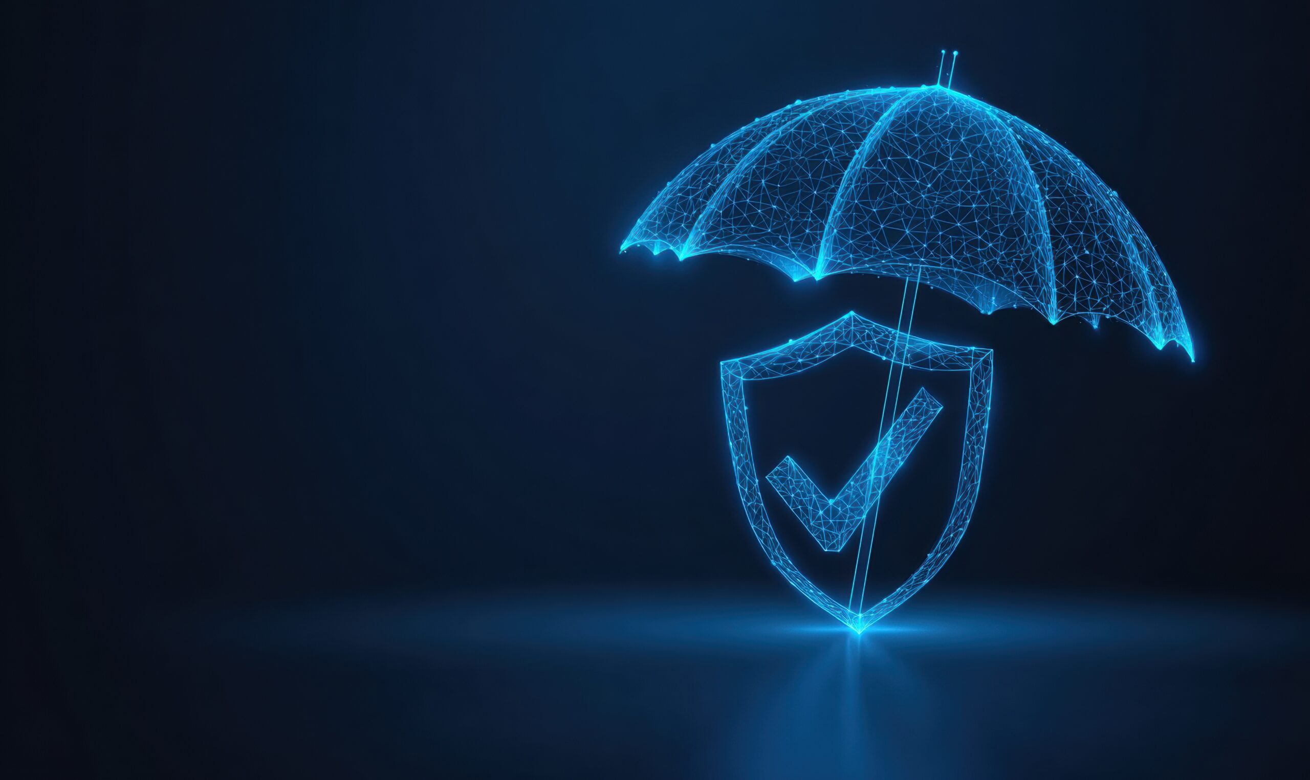 Health insurance policy. Digital illustration of a protective umbrella with a shield and checkmark, symbolizing security and assurance.