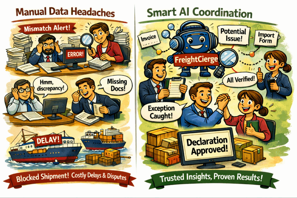 Cartoon showing manual trade documentation causing shipment delays versus FreightCierge coordinating verified inputs for a smooth customs declaration.